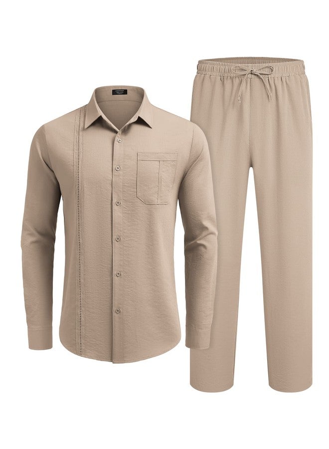 COOFANDY Mens Coordinated Outfit Hawaiian Set Linen Long Sleeve Guayabera Shirts and Drawstring Waist Pants Set Casual Beach, Khaki, Medium - Image 4